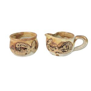 Canada Art Pottery Creamer And Sugar Vintage 1970s Brown Textured Earthy MCM